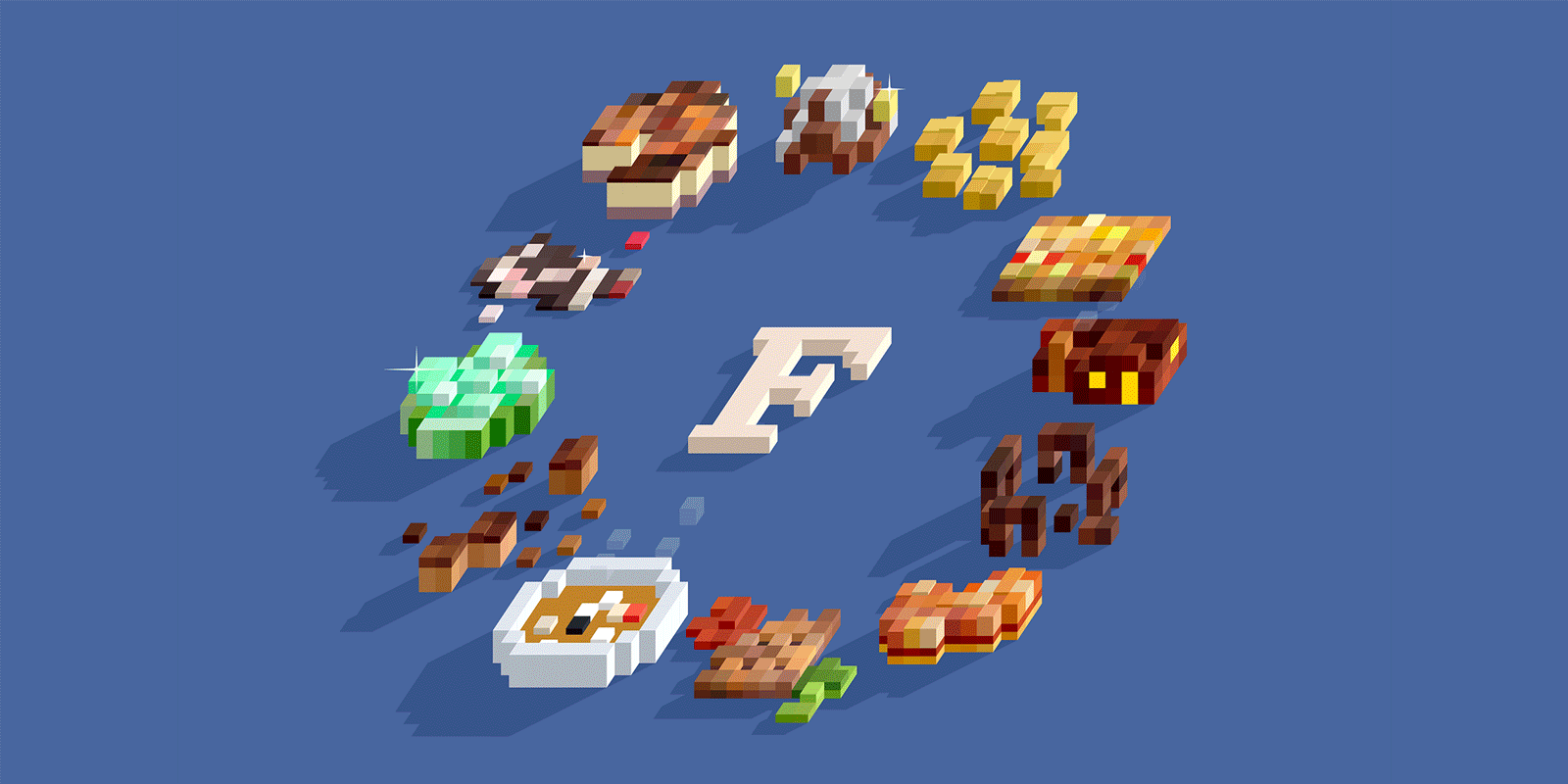 Slideshow of blocky representations of treats, with titles of dishes and names of people who contributed them